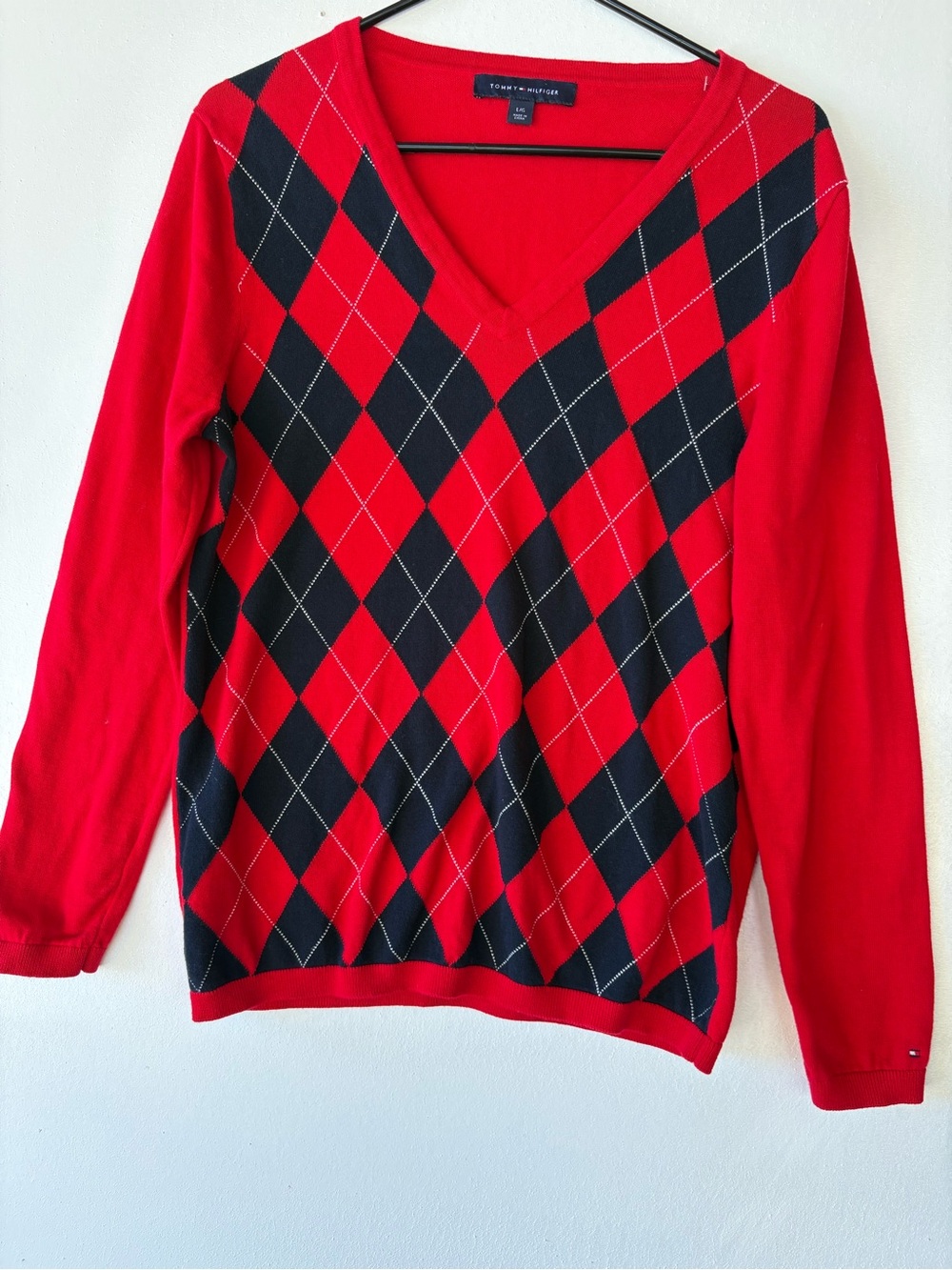 Tommy Hilfiger Red and Black Argyle V-Neck Sweater